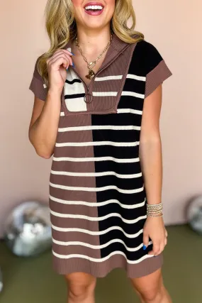 Black Stripe Color Block Quarter Zip Collar Short Sleeve Sweater Dress