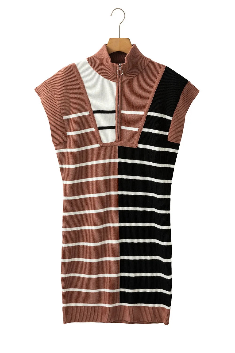Black Stripe Color Block Quarter Zip Collar Short Sleeve Sweater Dress