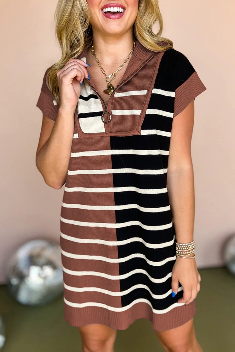 Black Stripe Color Block Quarter Zip Collar Short Sleeve Sweater Dress