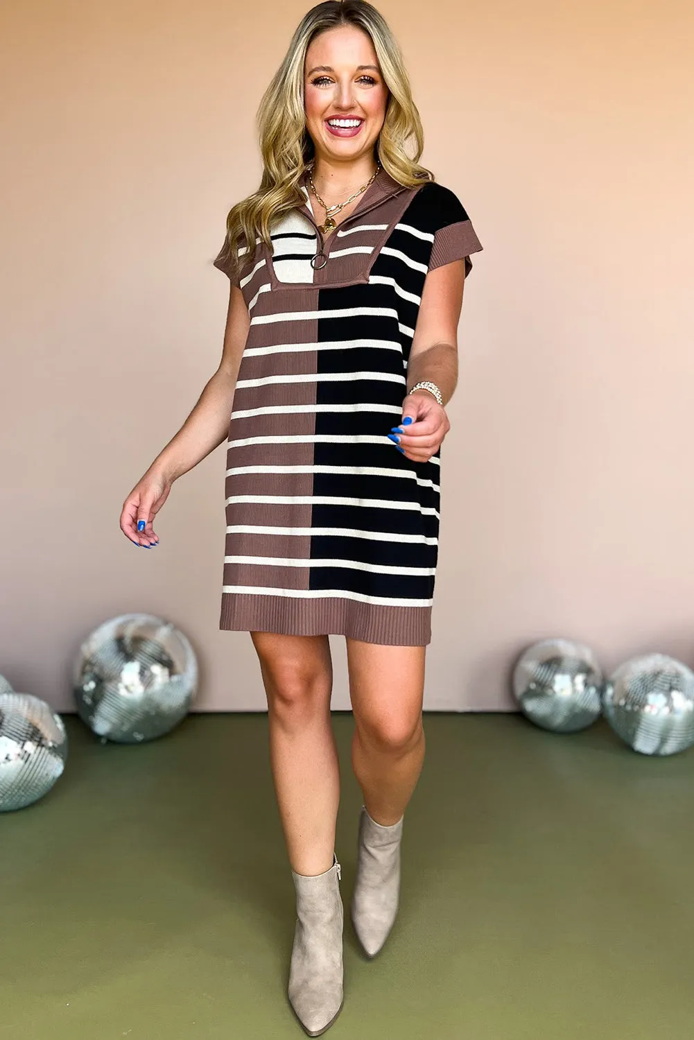 Black Stripe Color Block Quarter Zip Collar Short Sleeve Sweater Dress