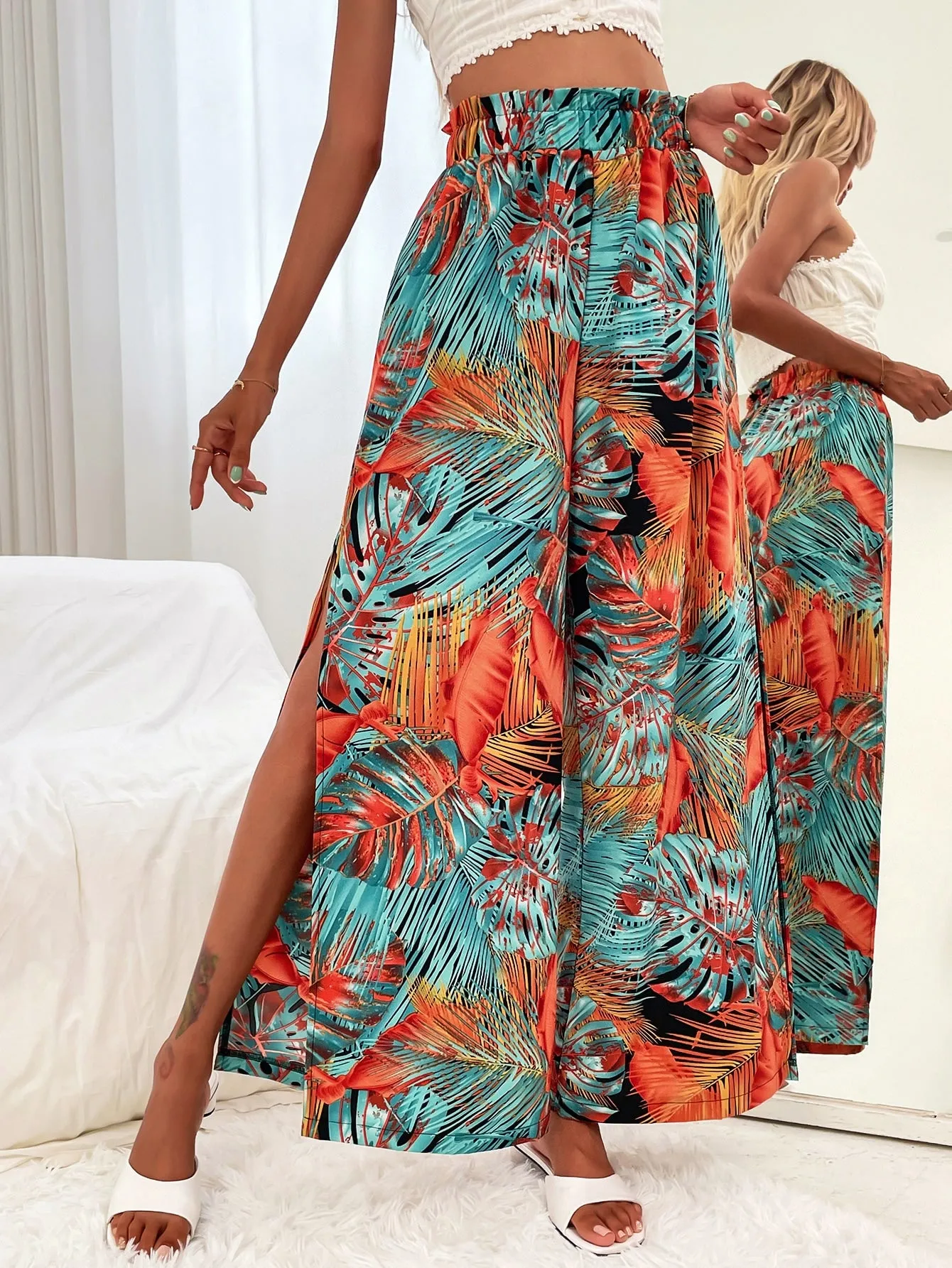 Boho Plants Split Thigh Natural Long Women Pants