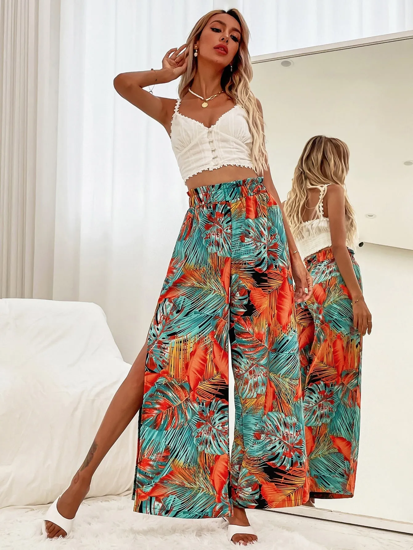 Boho Plants Split Thigh Natural Long Women Pants