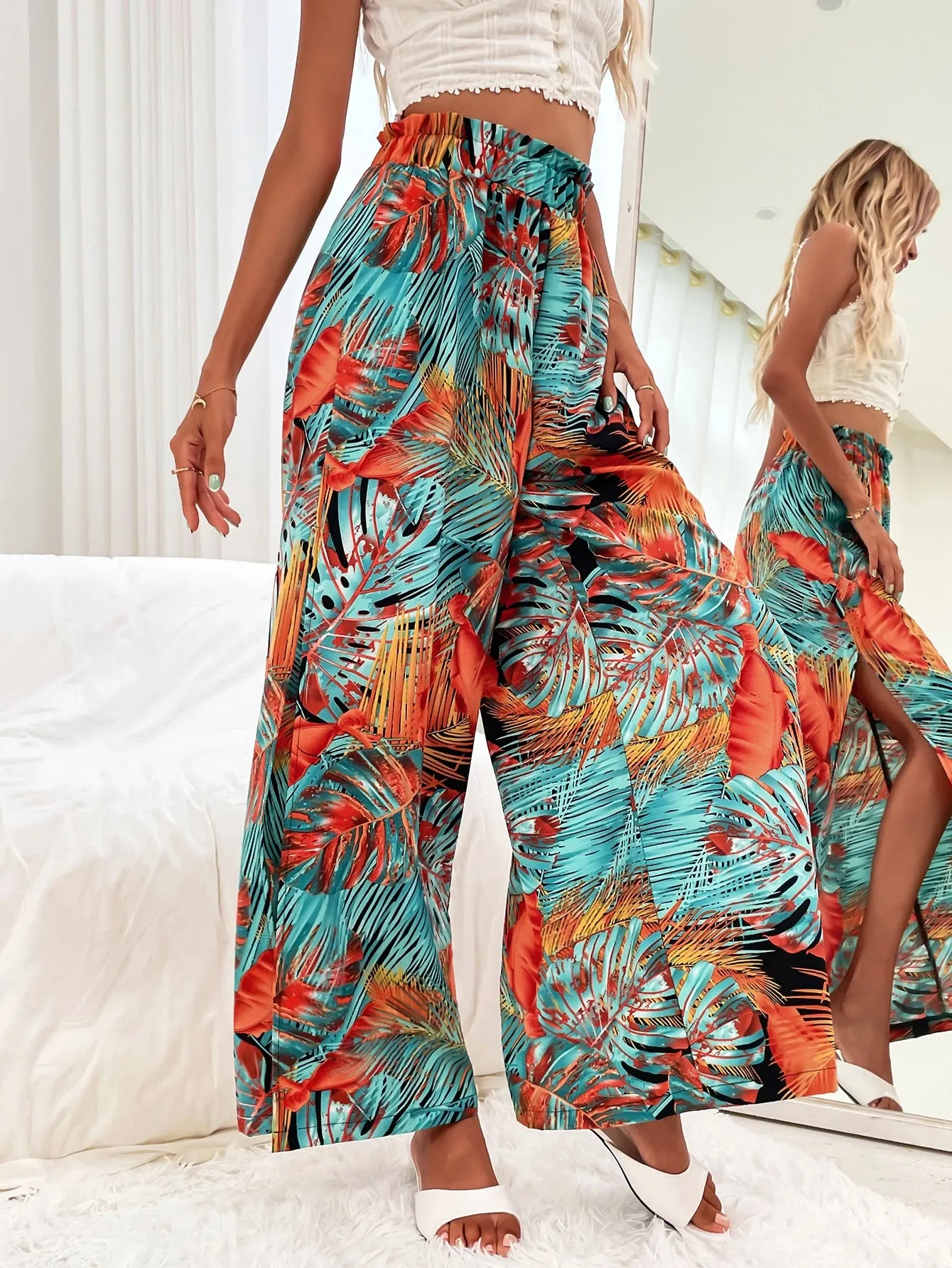 Boho Plants Split Thigh Natural Long Women Pants