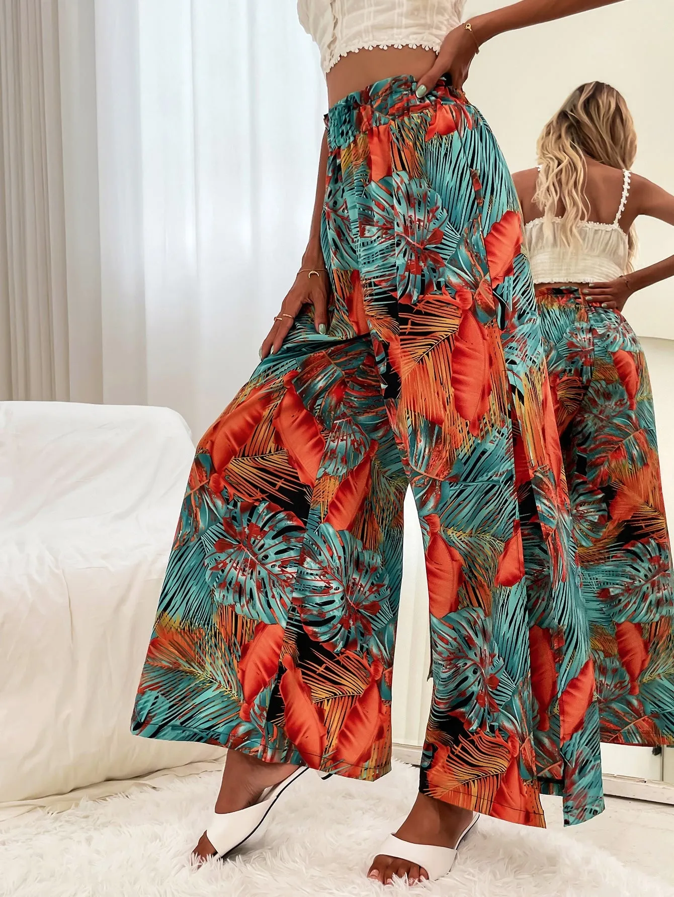 Boho Plants Split Thigh Natural Long Women Pants