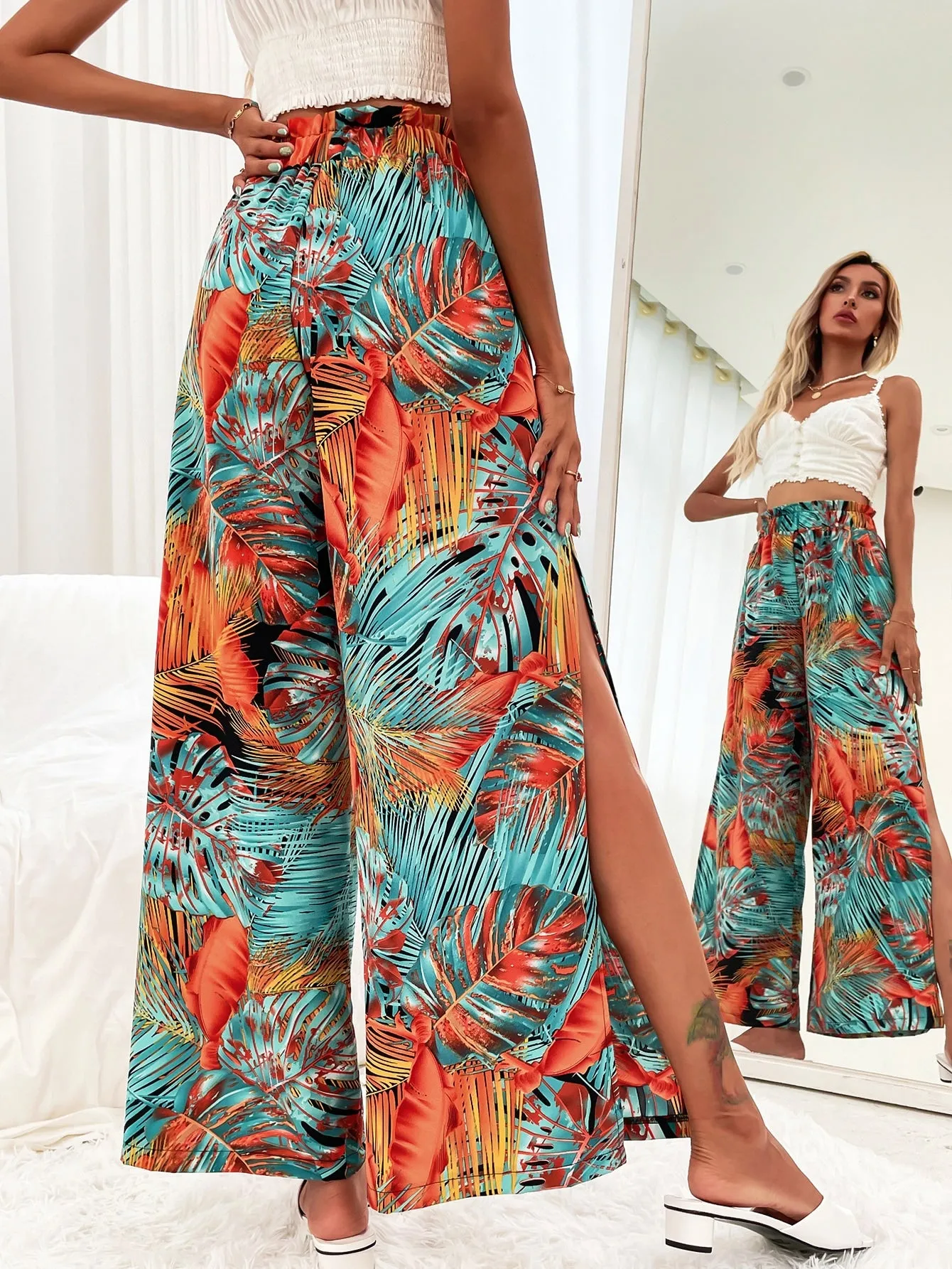 Boho Plants Split Thigh Natural Long Women Pants