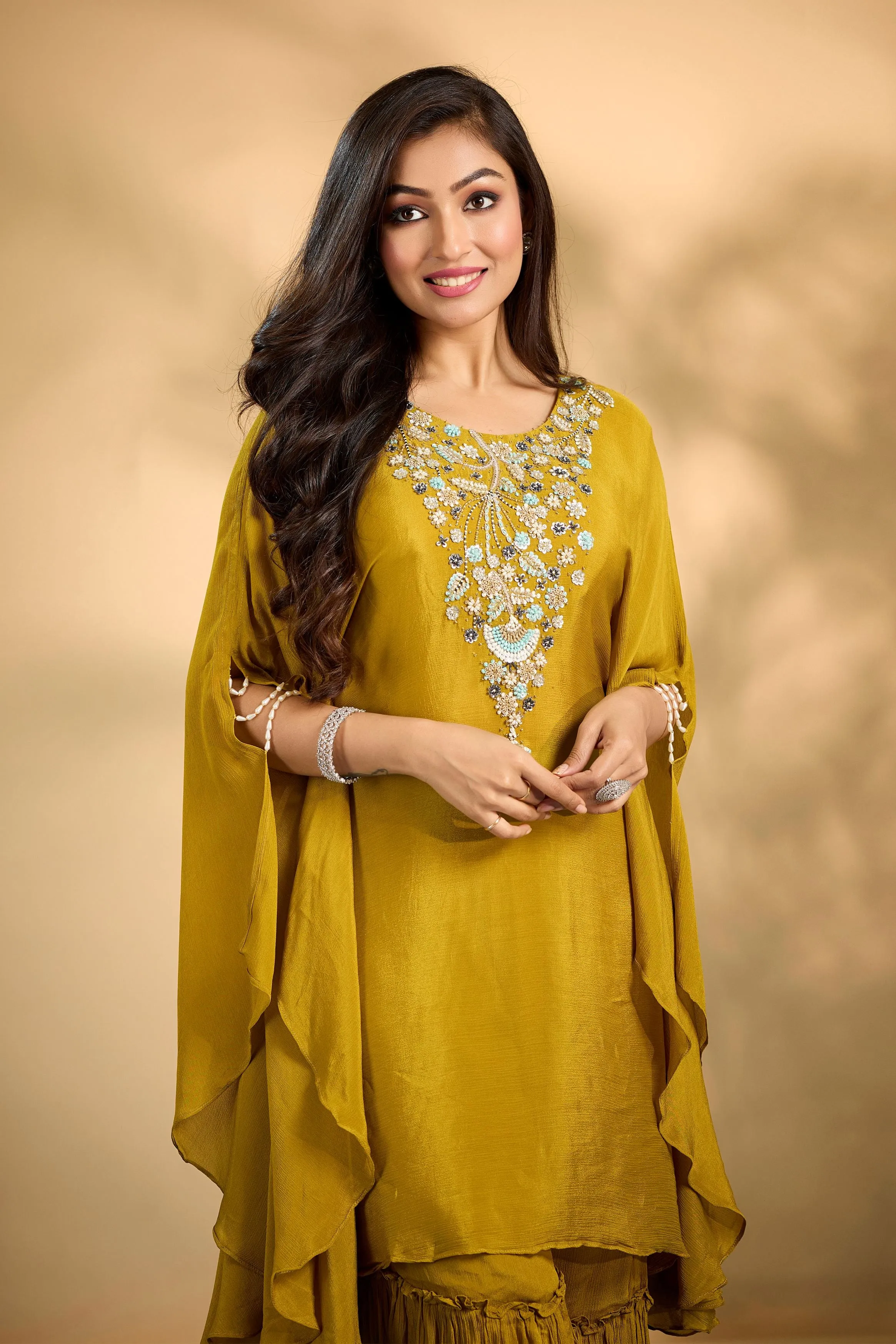 Bright Mustard Embellished Chinon Silk Kaftan Set