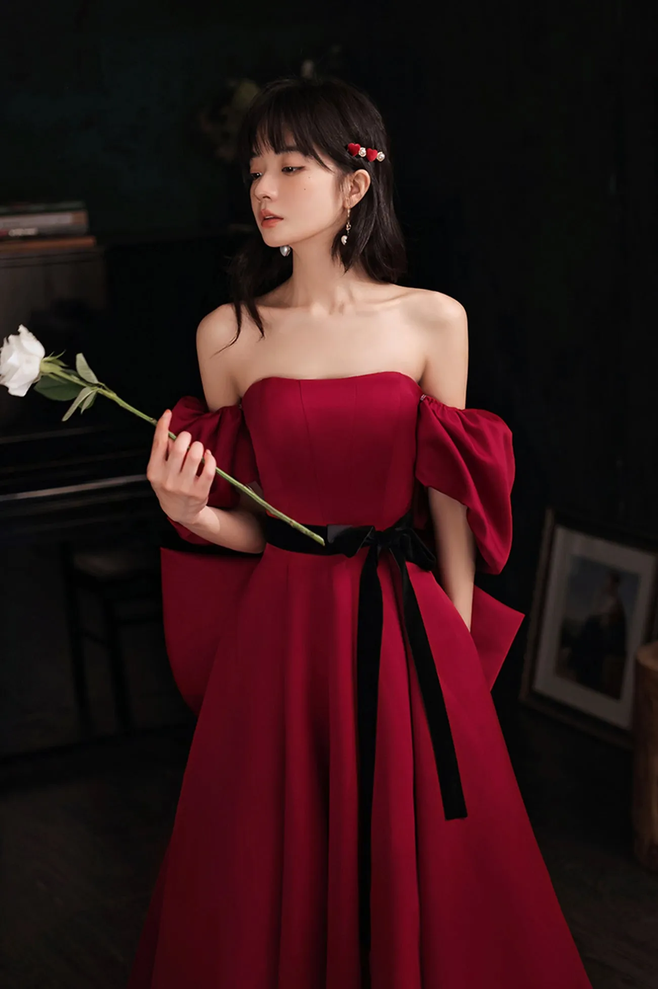 Burgundy Satin Long A-Line Prom Dress, Burgundy Off the Shoulder Evening Dress