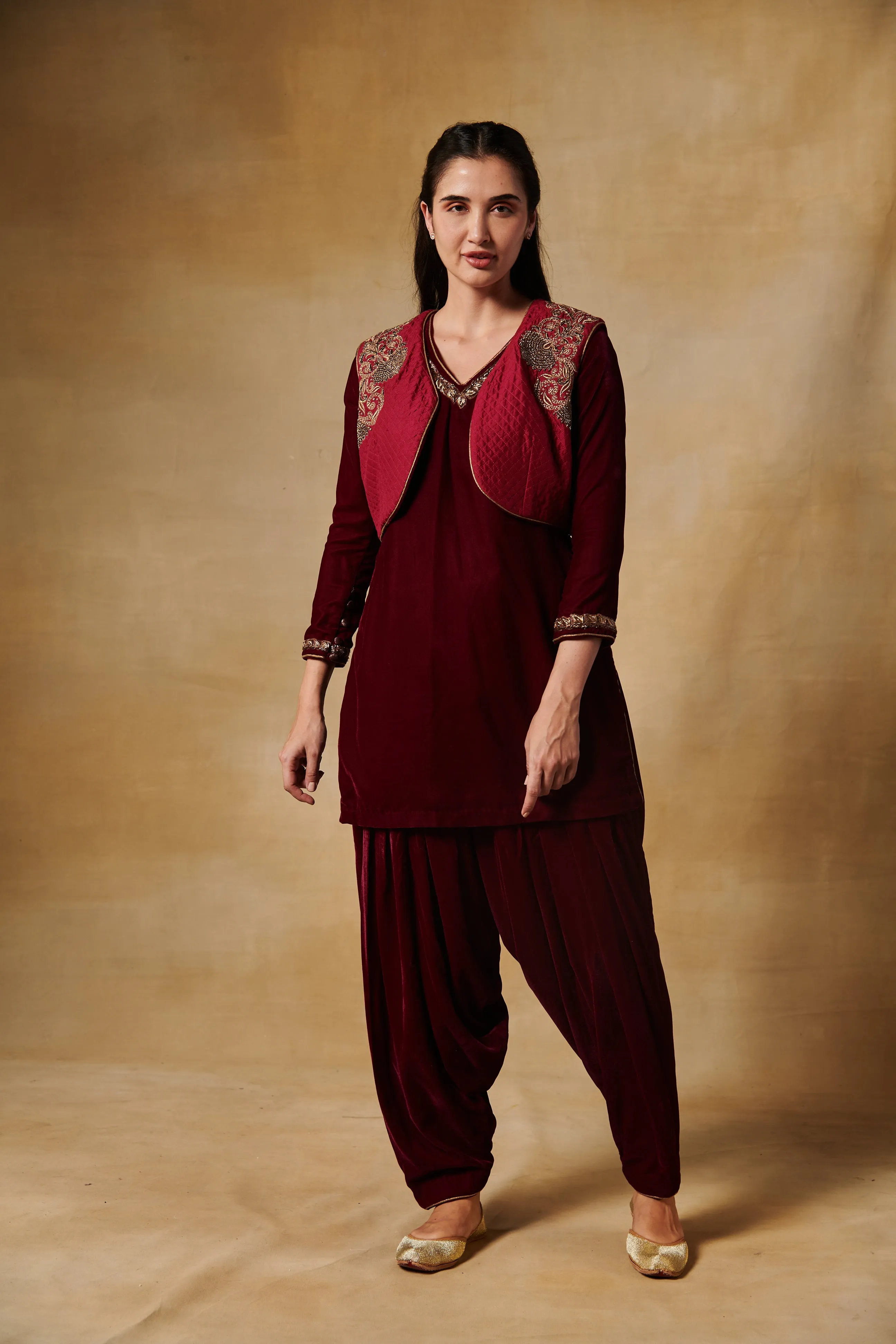 Burgundy wine quilted silk bolero jacket