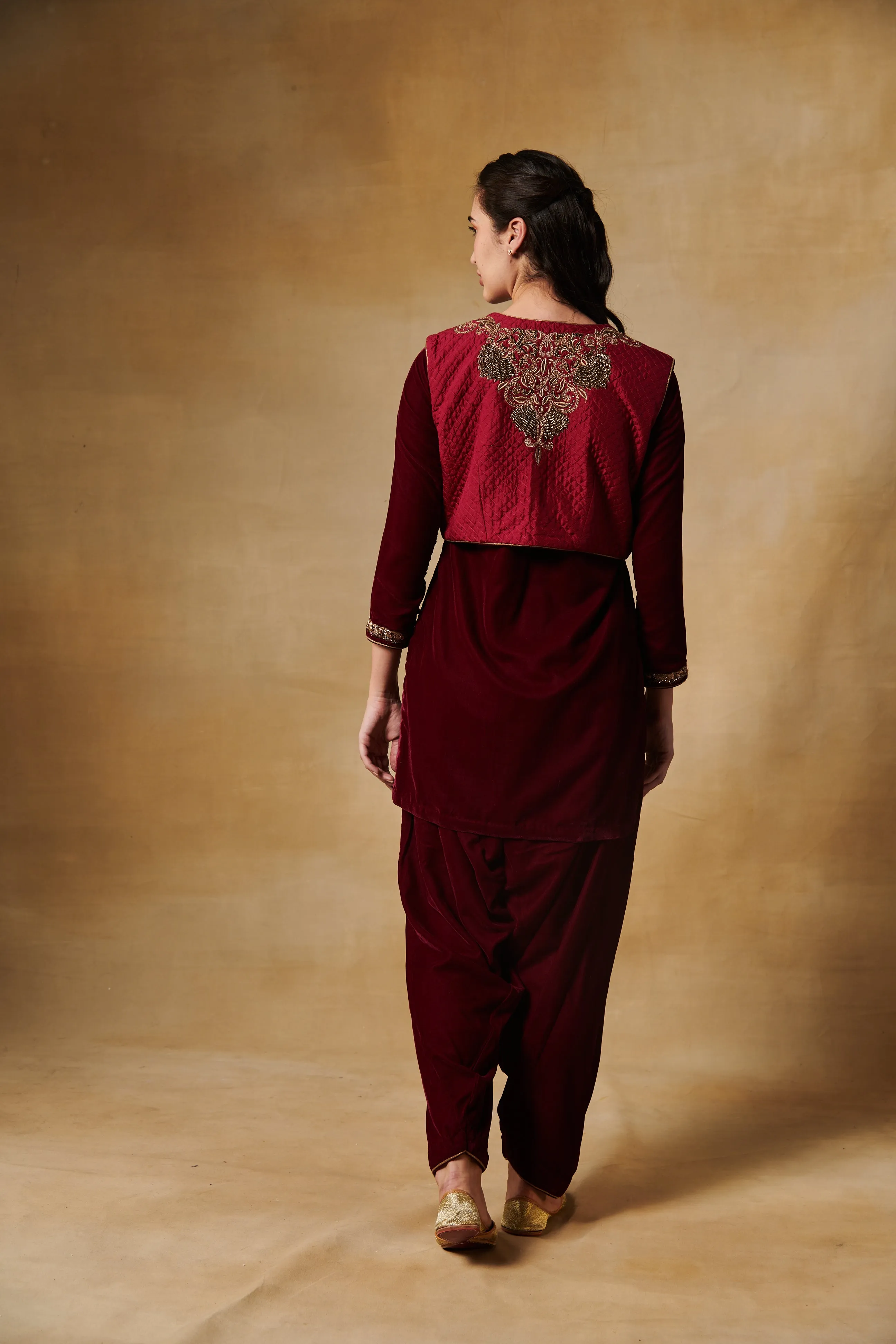 Burgundy wine quilted silk bolero jacket
