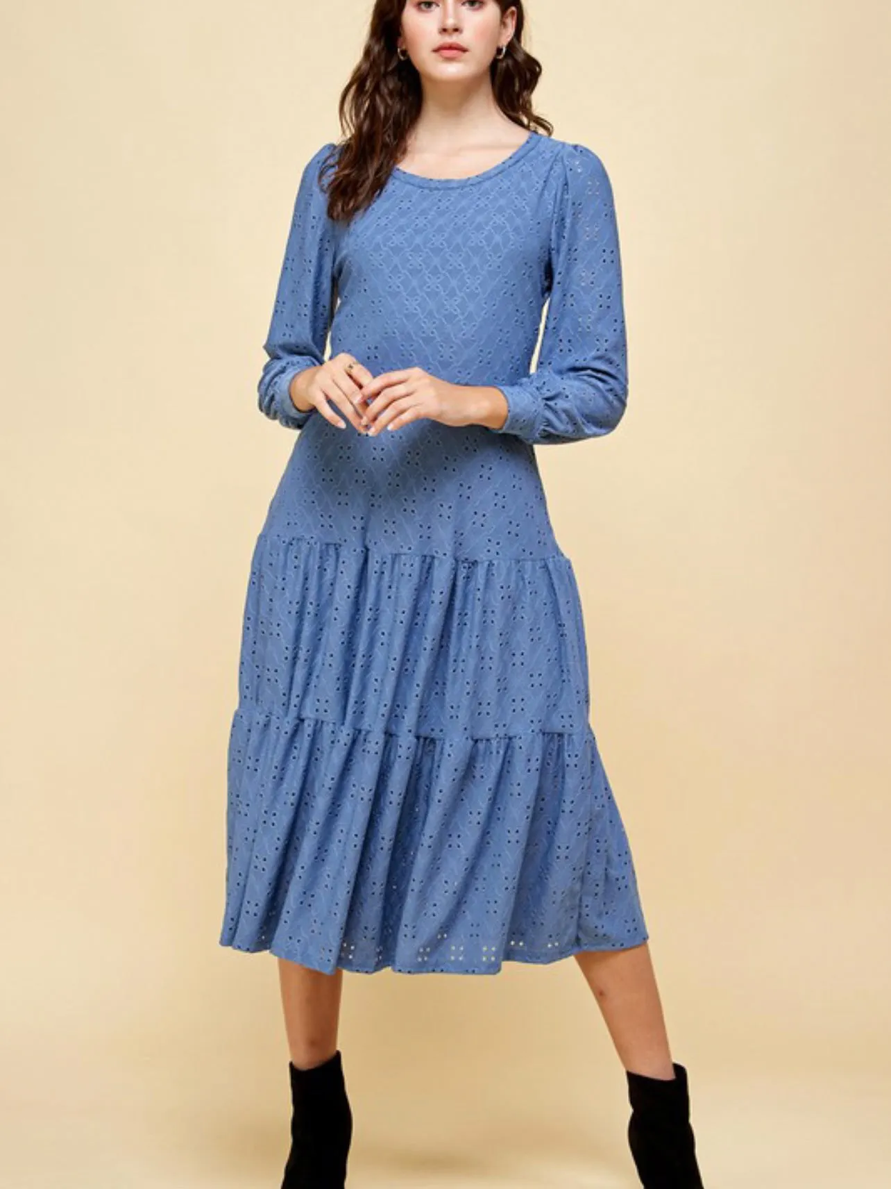 Calabria, Long Sleeve, Tiered, Eyelet Maxi Dress, Cornflower
