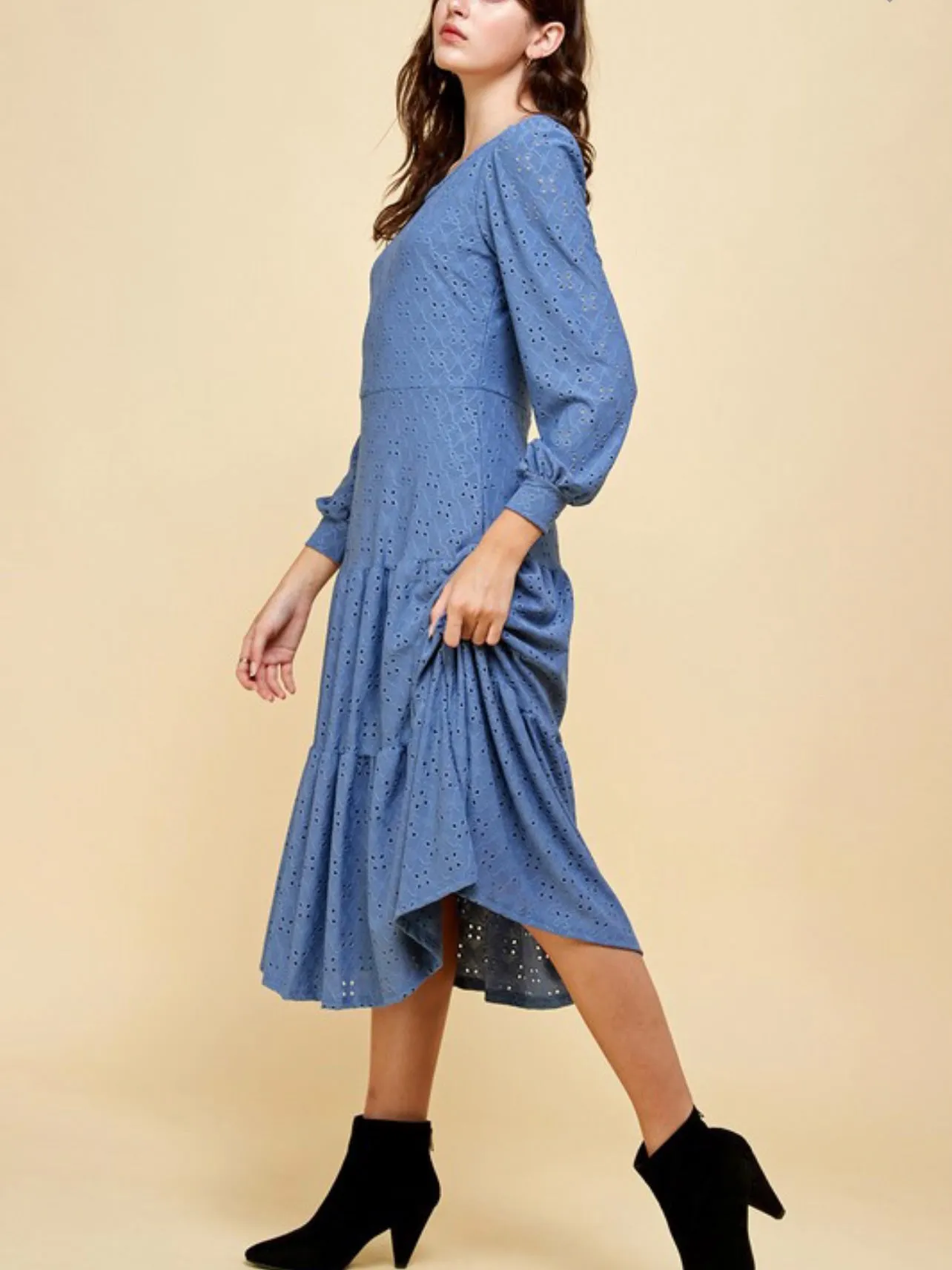 Calabria, Long Sleeve, Tiered, Eyelet Maxi Dress, Cornflower