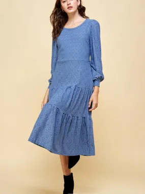 Calabria, Long Sleeve, Tiered, Eyelet Maxi Dress, Cornflower