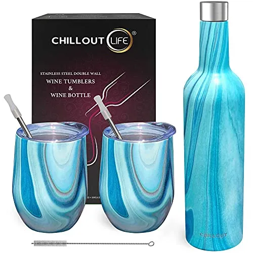 CHILLOUT LIFE Stainless Steel Wine Tumblers 2 Pack 12 oz & 1 Insulated Wine Bottle - Double Wall Vacuum Insulated Wine Cups with Lids and Straws Set
