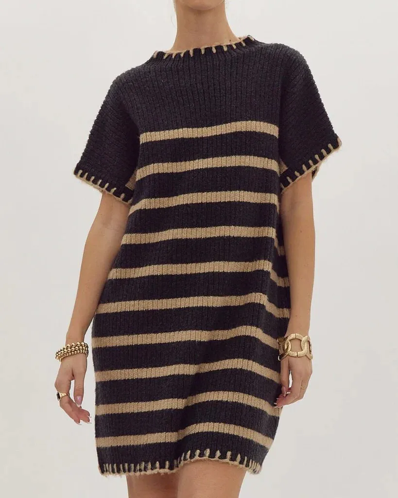 Coffee Shop Stroll Tan Black Sweater Dress