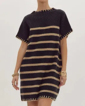 Coffee Shop Stroll Tan Black Sweater Dress