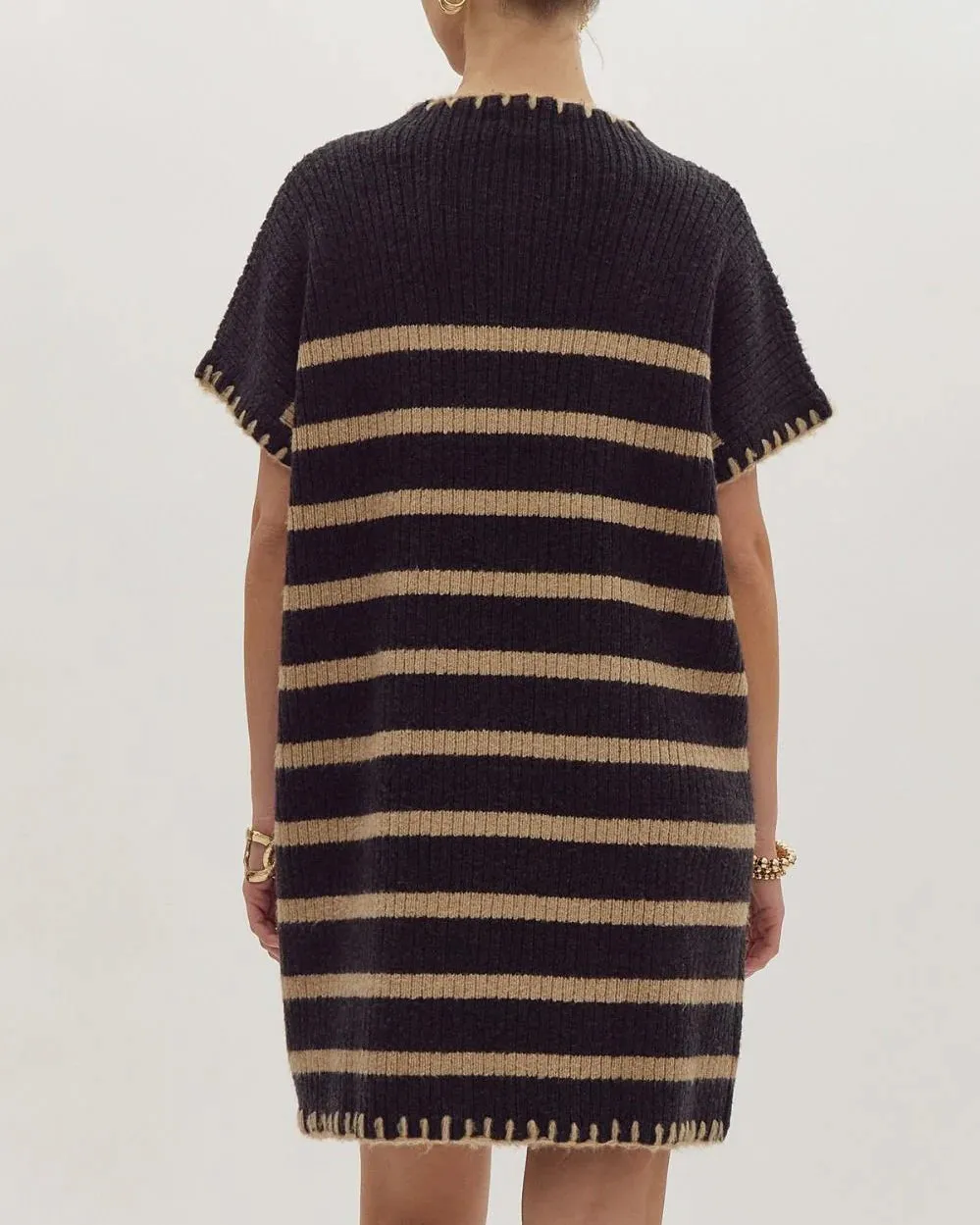 Coffee Shop Stroll Tan Black Sweater Dress