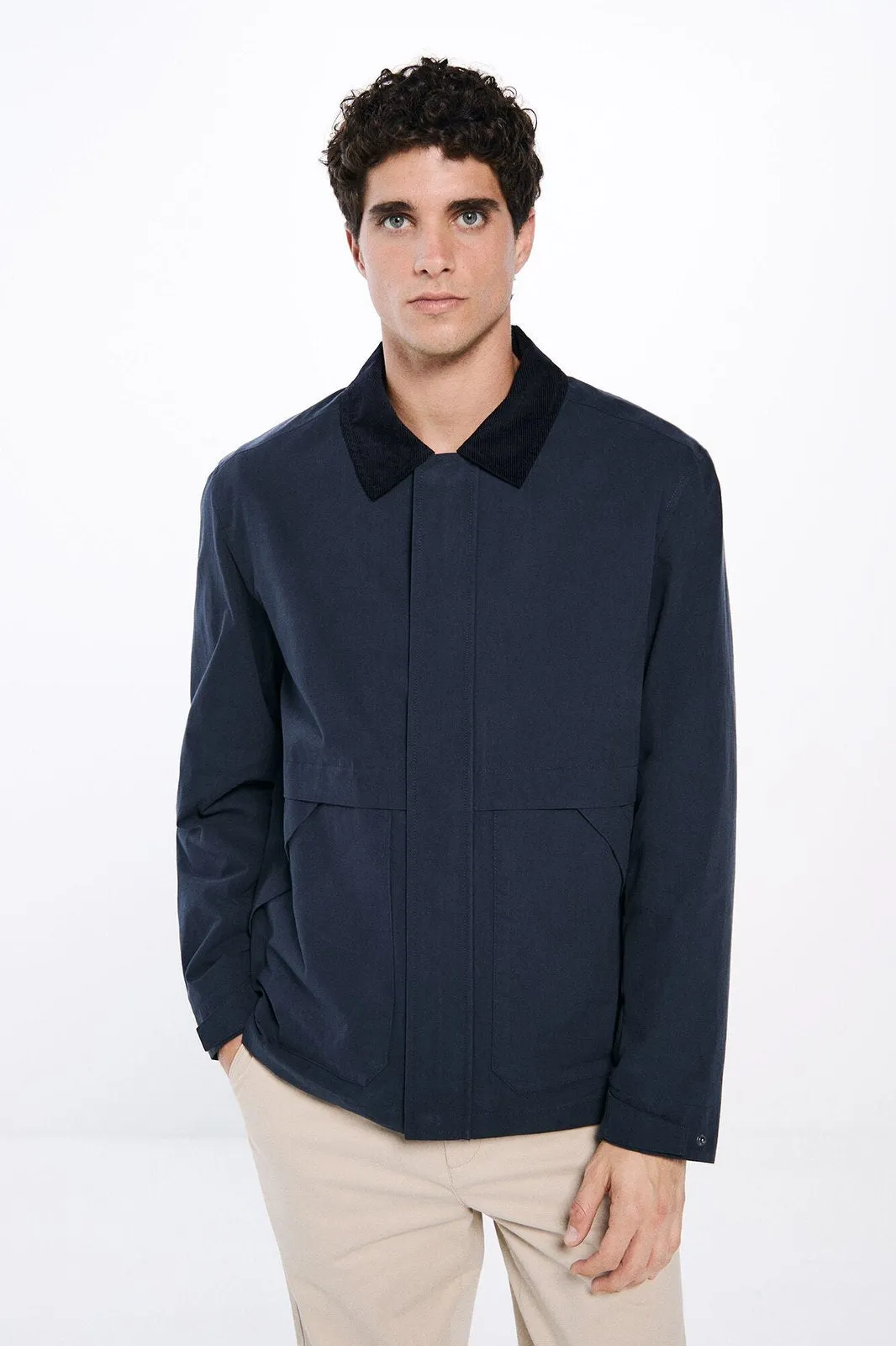 Corduroy Neck Short Parka - Beige