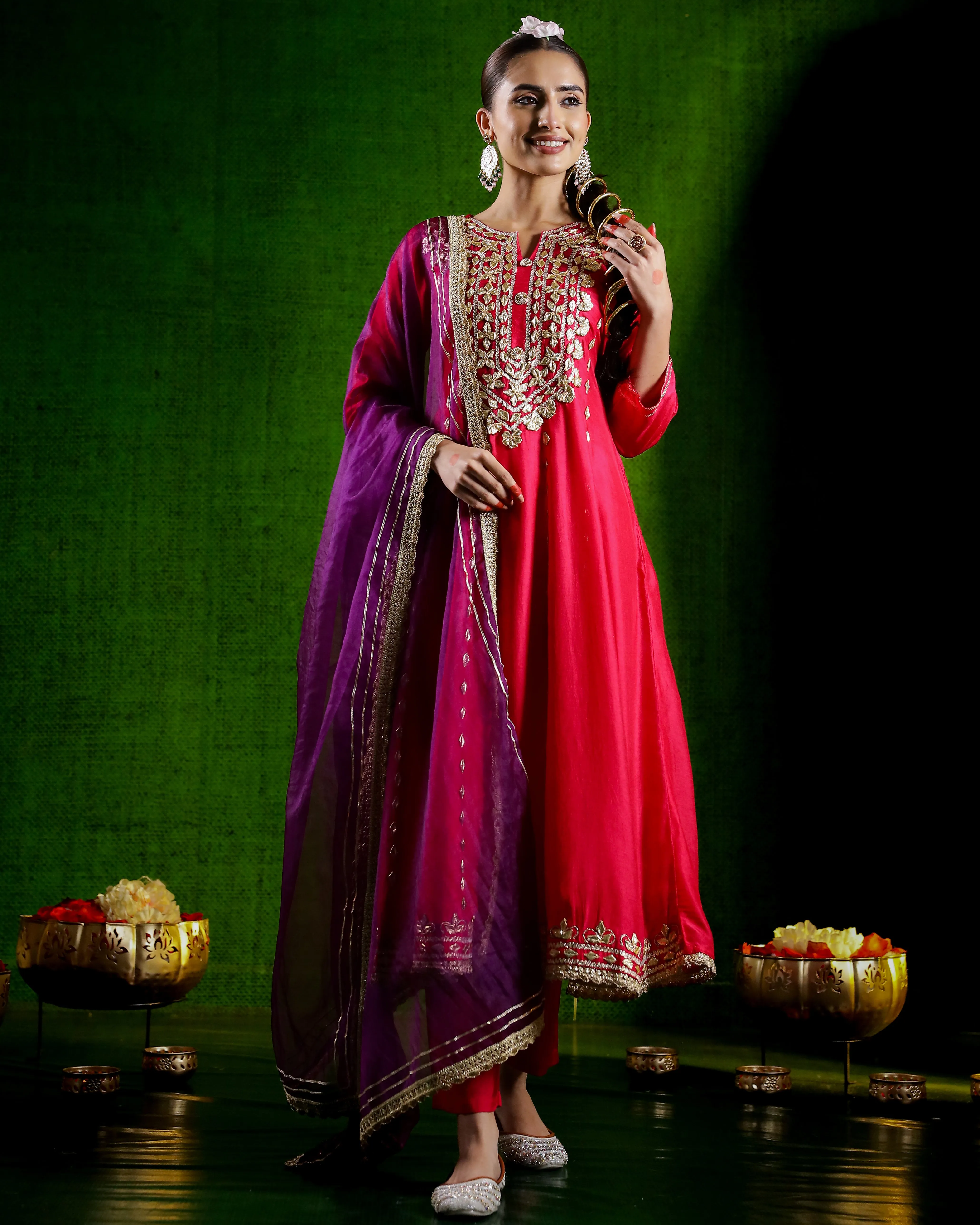 Deep Pink Embroidered German Silk Anarkali Set