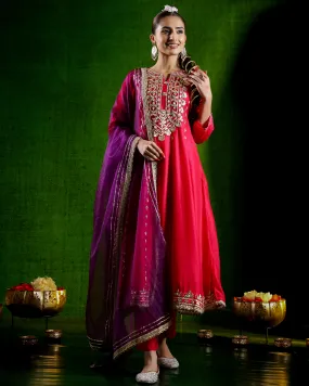 Deep Pink Embroidered German Silk Anarkali Set