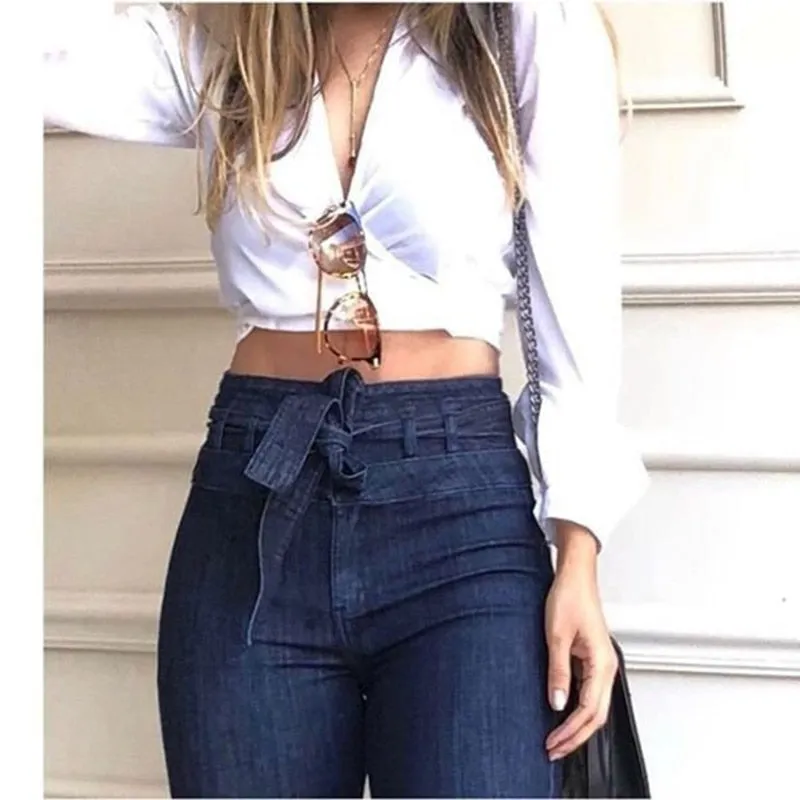 Denim Tie Waist Flare Jeans