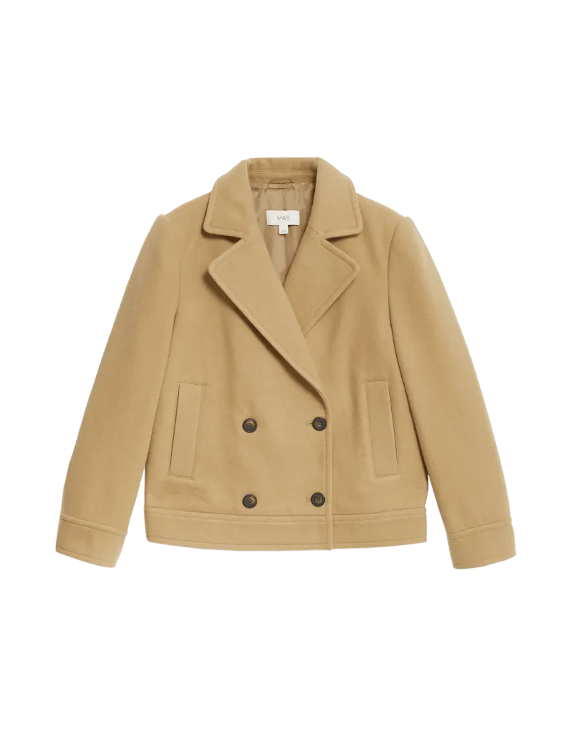 Double Breasted Short Peacoat with Wool