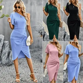 Elegant and Slimming Mid Length Off Shoulder Solid Color Dress