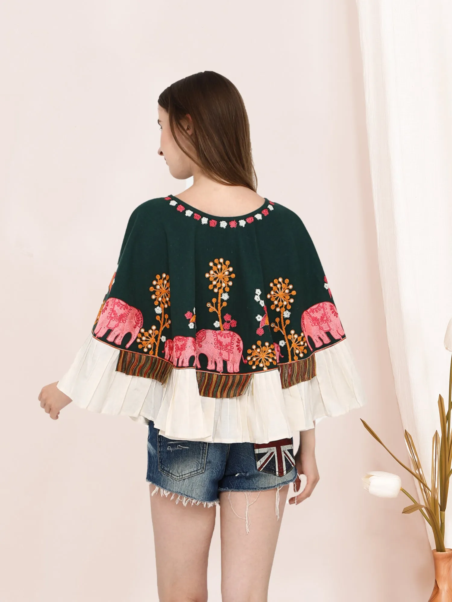 Elephant Embroidered Deep Green Khadi Circular Poncho