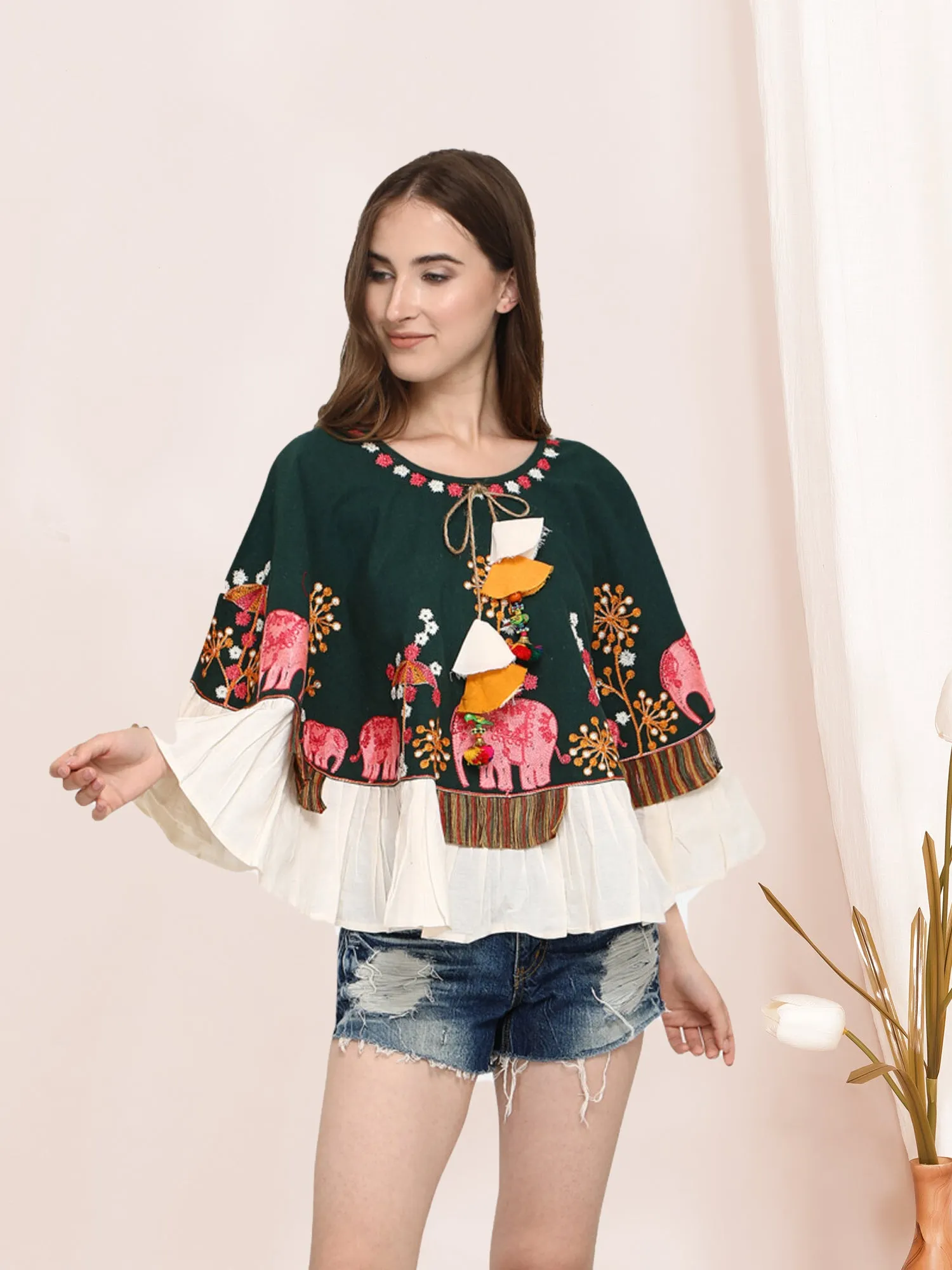 Elephant Embroidered Deep Green Khadi Circular Poncho
