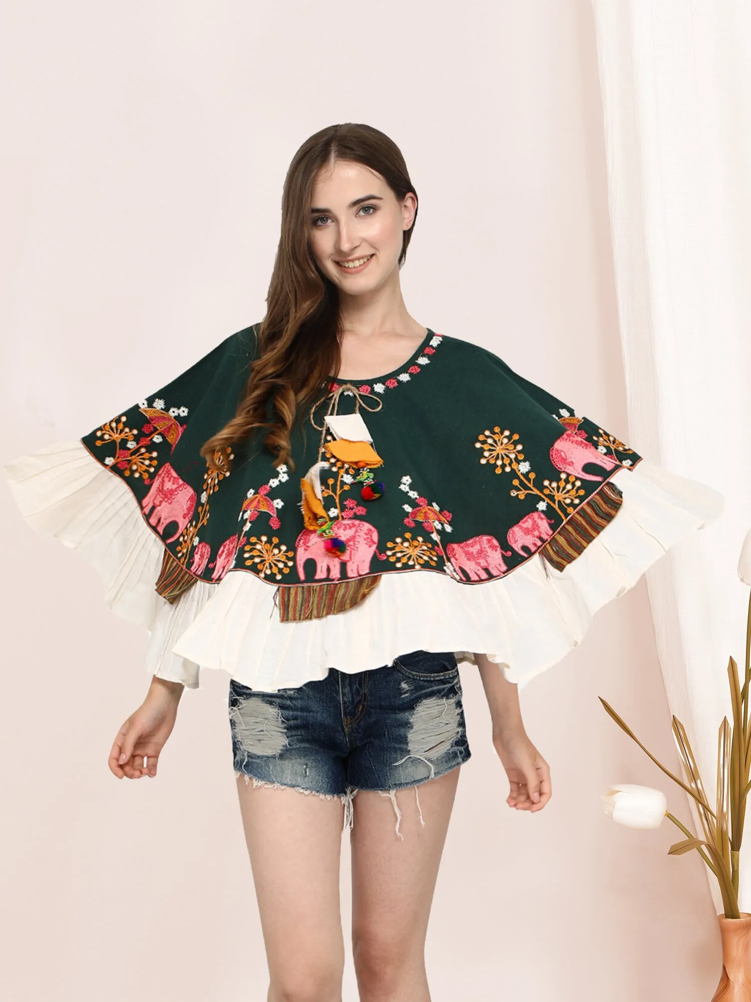 Elephant Embroidered Deep Green Khadi Circular Poncho