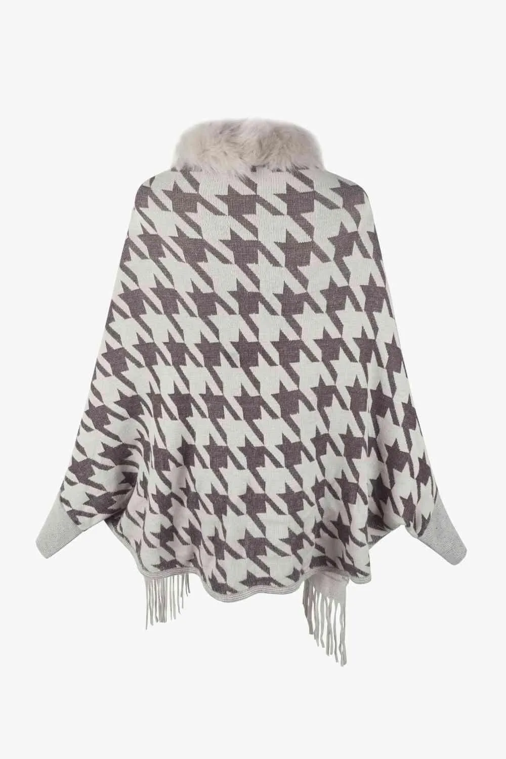Faux Fur Trim Fringe Houndstooth Poncho
