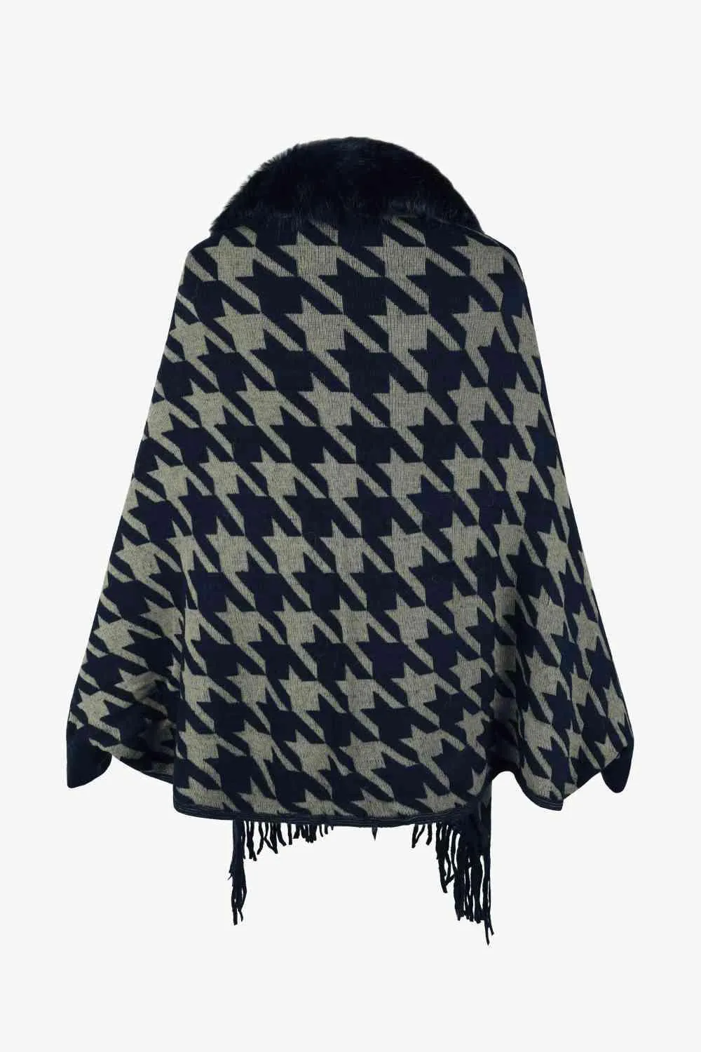 Faux Fur Trim Fringe Houndstooth Poncho
