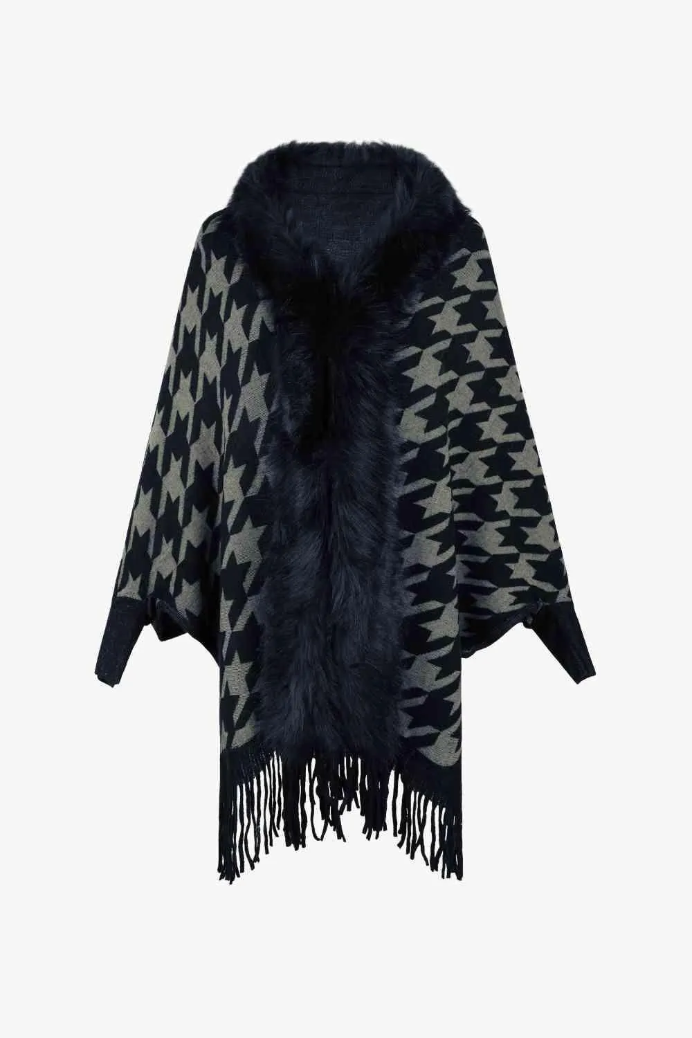 Faux Fur Trim Fringe Houndstooth Poncho