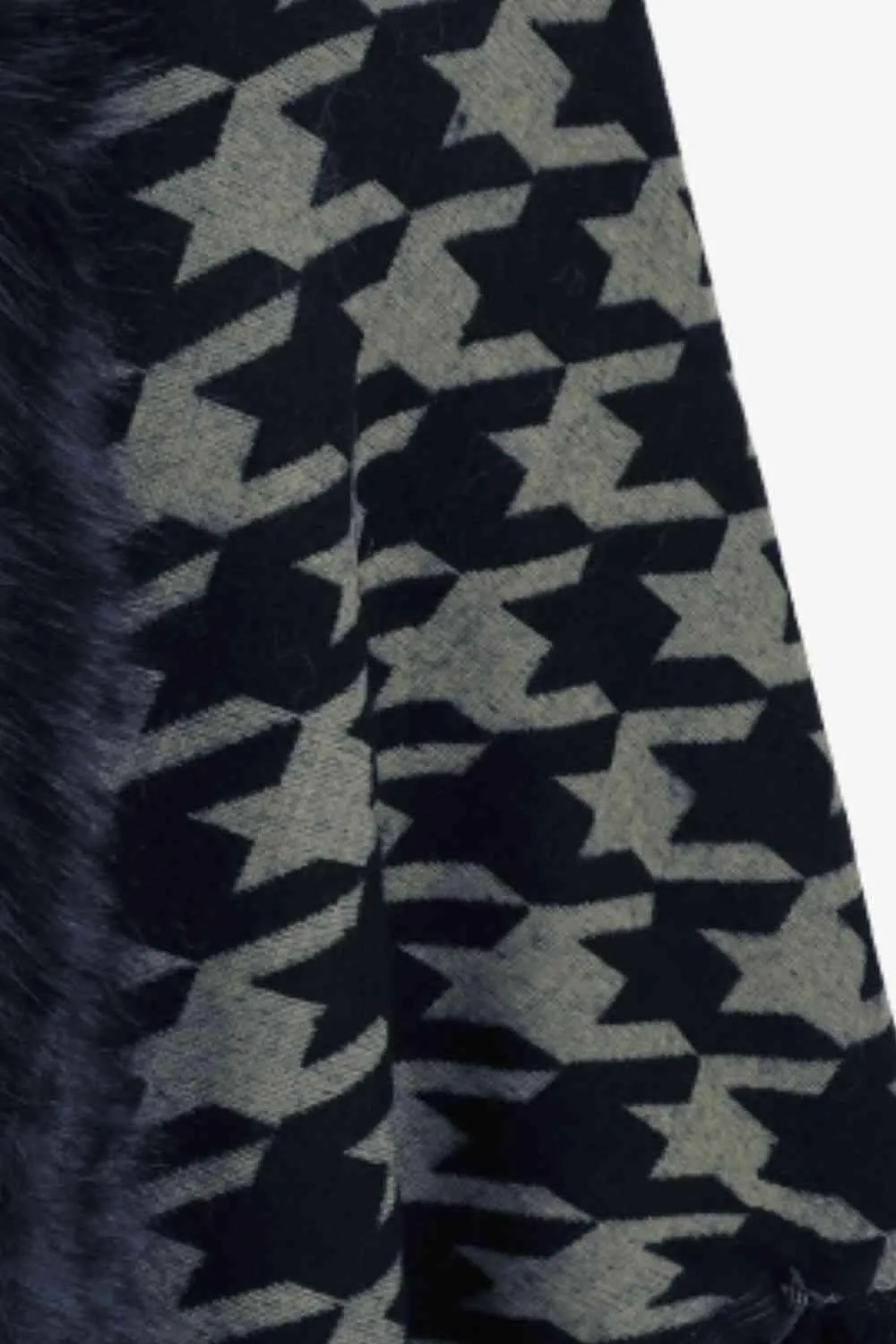 Faux Fur Trim Fringe Houndstooth Poncho
