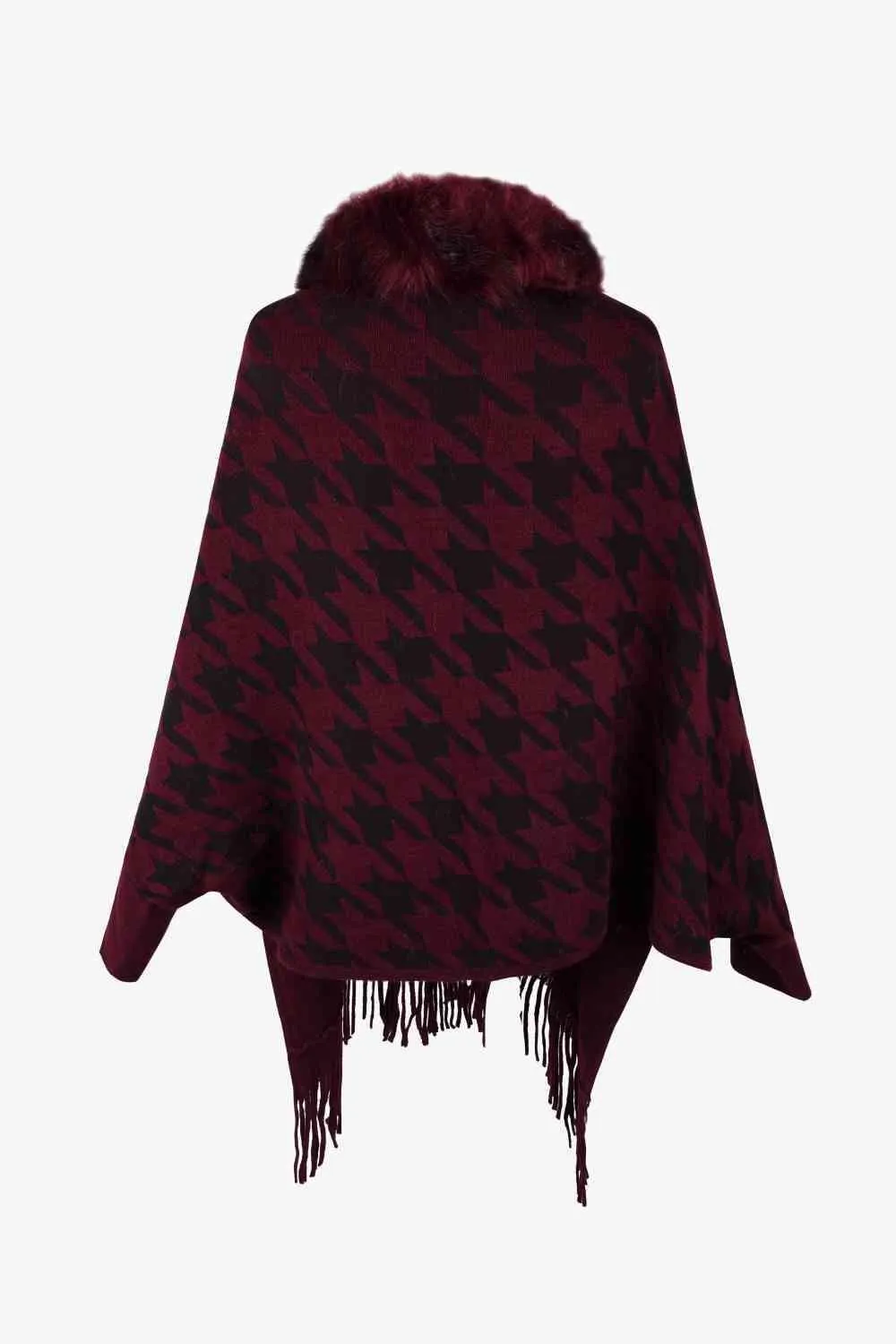 Faux Fur Trim Fringe Houndstooth Poncho