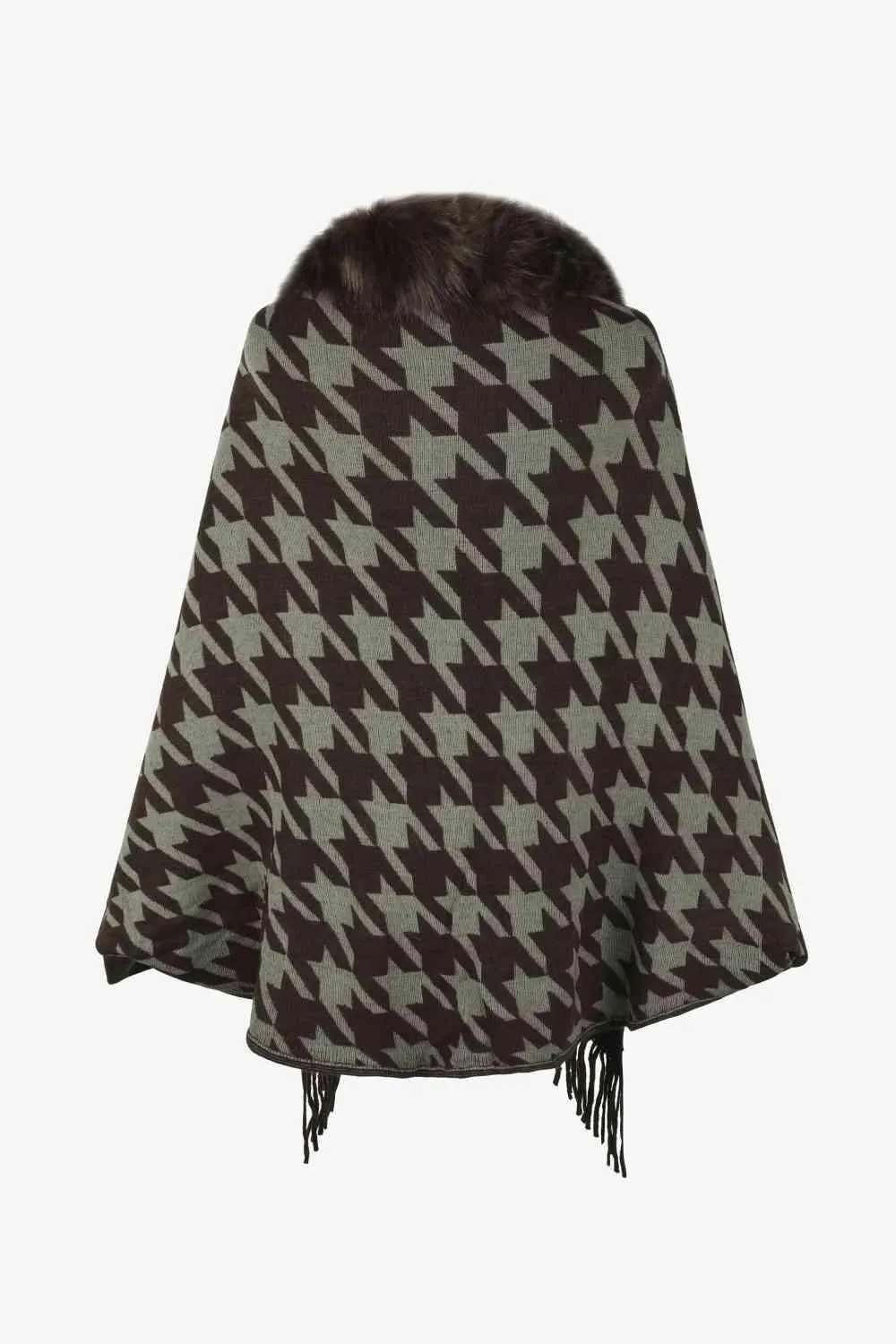 Faux Fur Trim Fringe Houndstooth Poncho