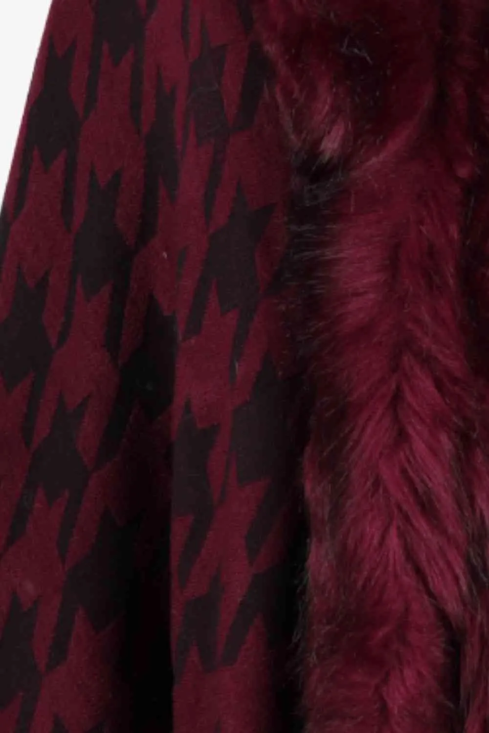Faux Fur Trim Fringe Houndstooth Poncho