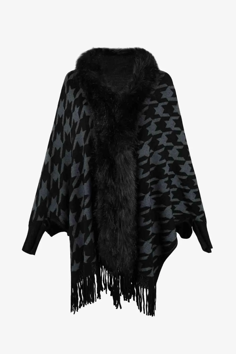 Faux Fur Trim Fringe Houndstooth Poncho