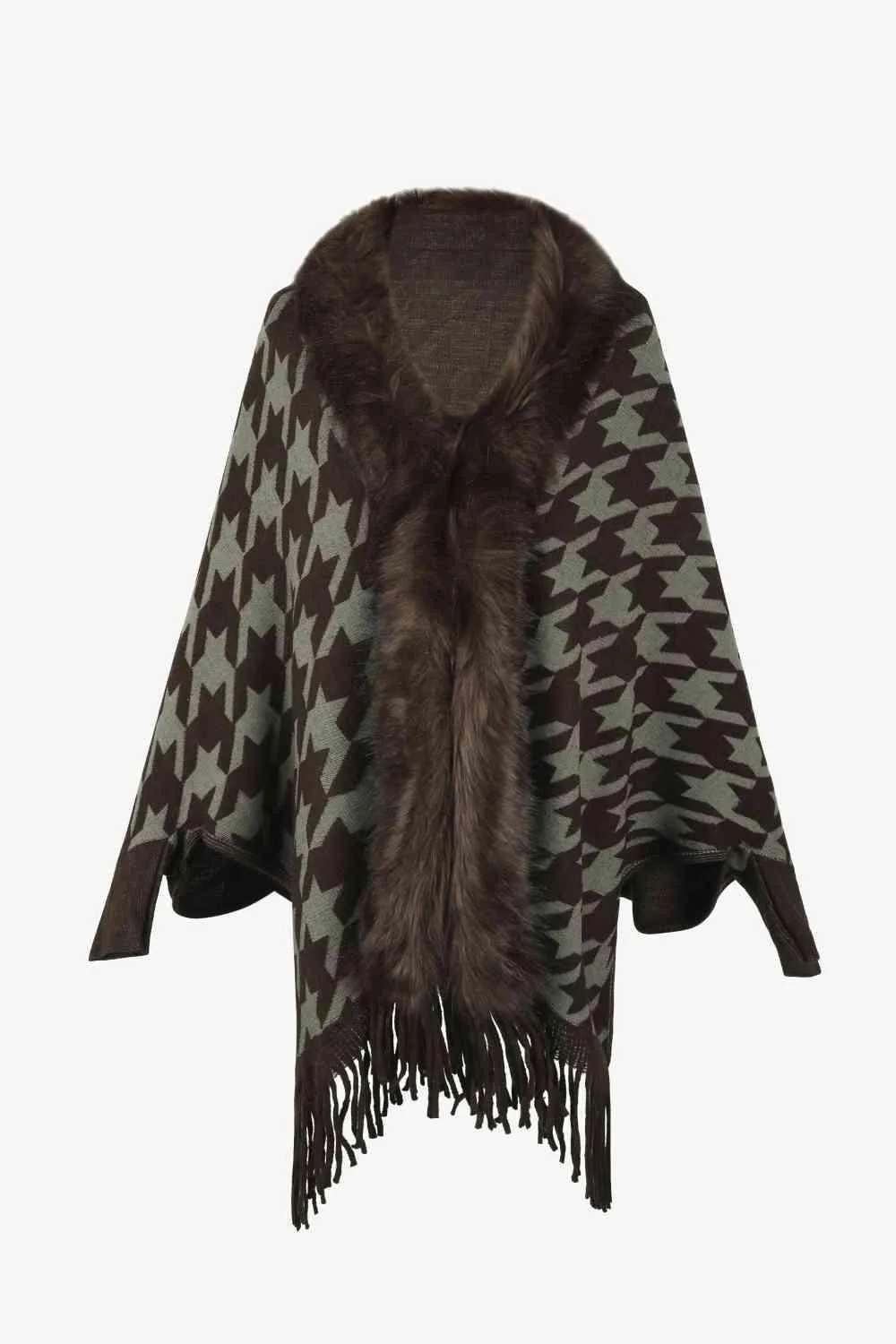 Faux Fur Trim Fringe Houndstooth Poncho