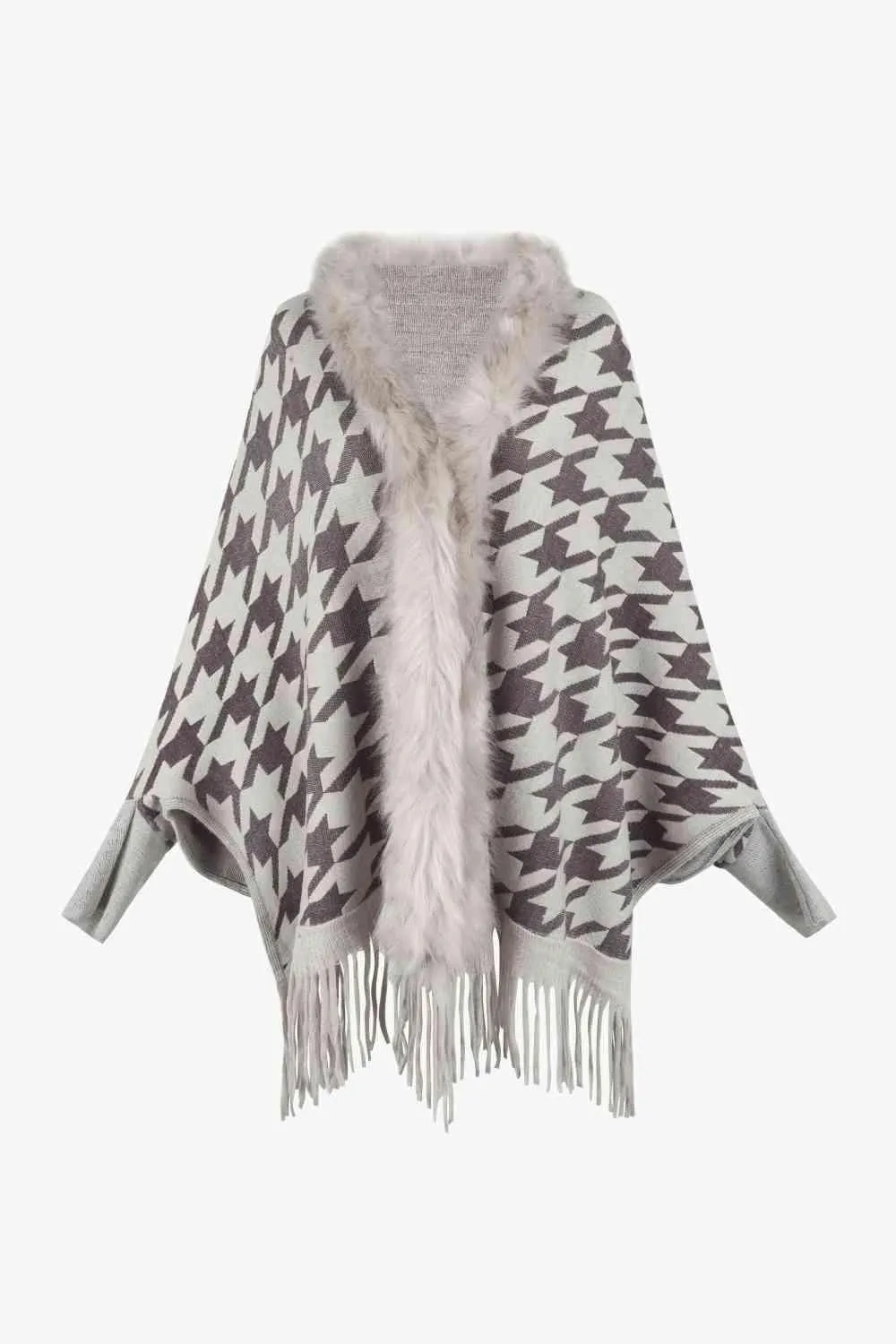 Faux Fur Trim Fringe Houndstooth Poncho