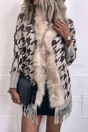 Faux Fur Trim Fringe Houndstooth Poncho