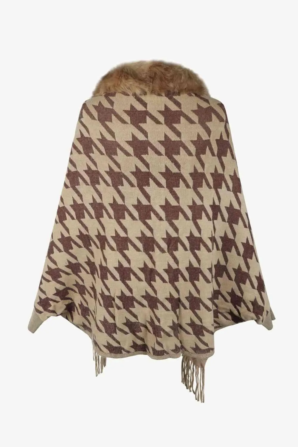 Faux Fur Trim Fringe Houndstooth Poncho