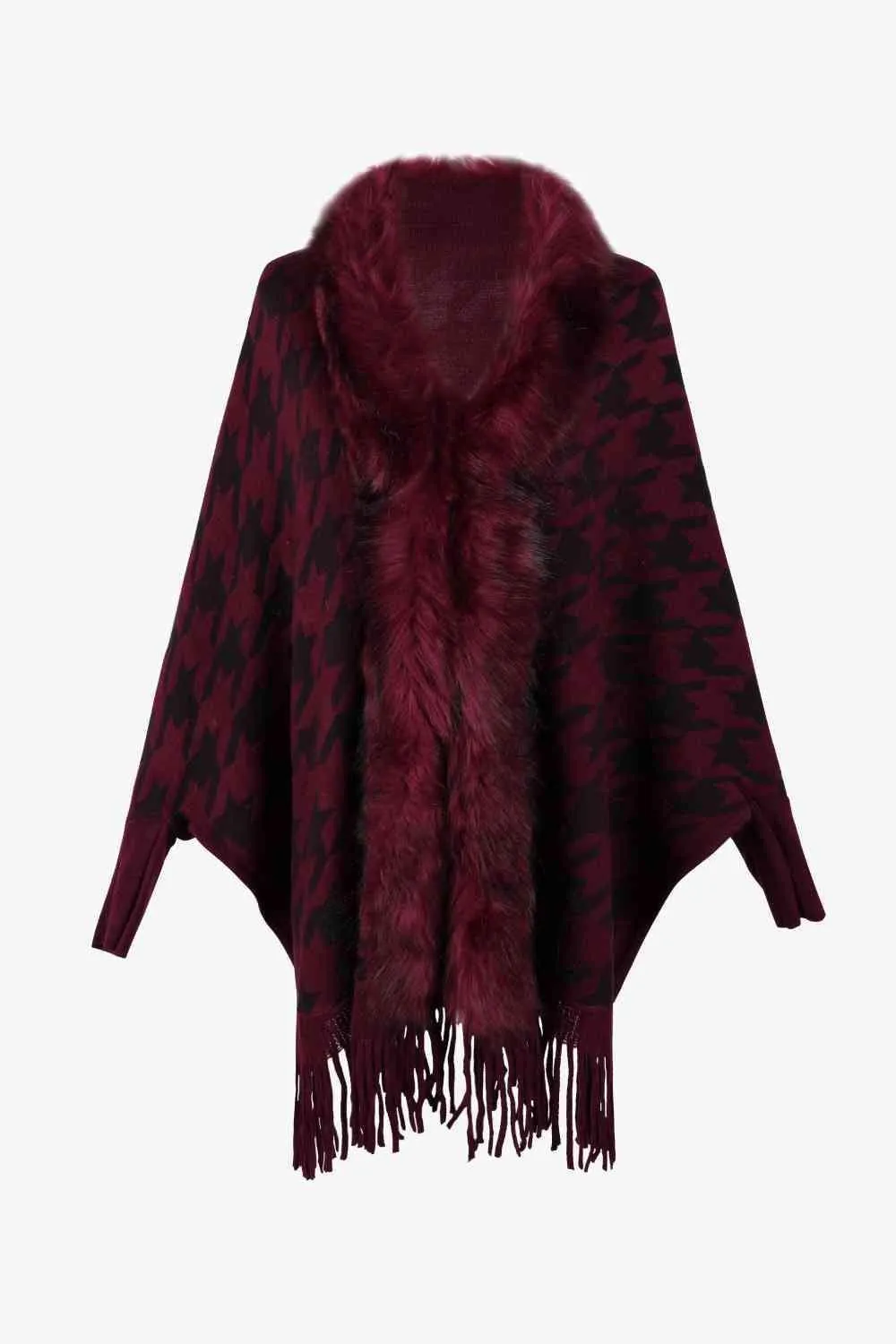 Faux Fur Trim Fringe Houndstooth Poncho