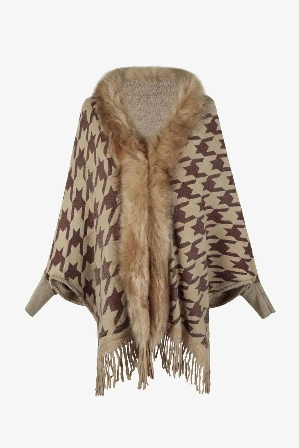 Faux Fur Trim Fringe Houndstooth Poncho