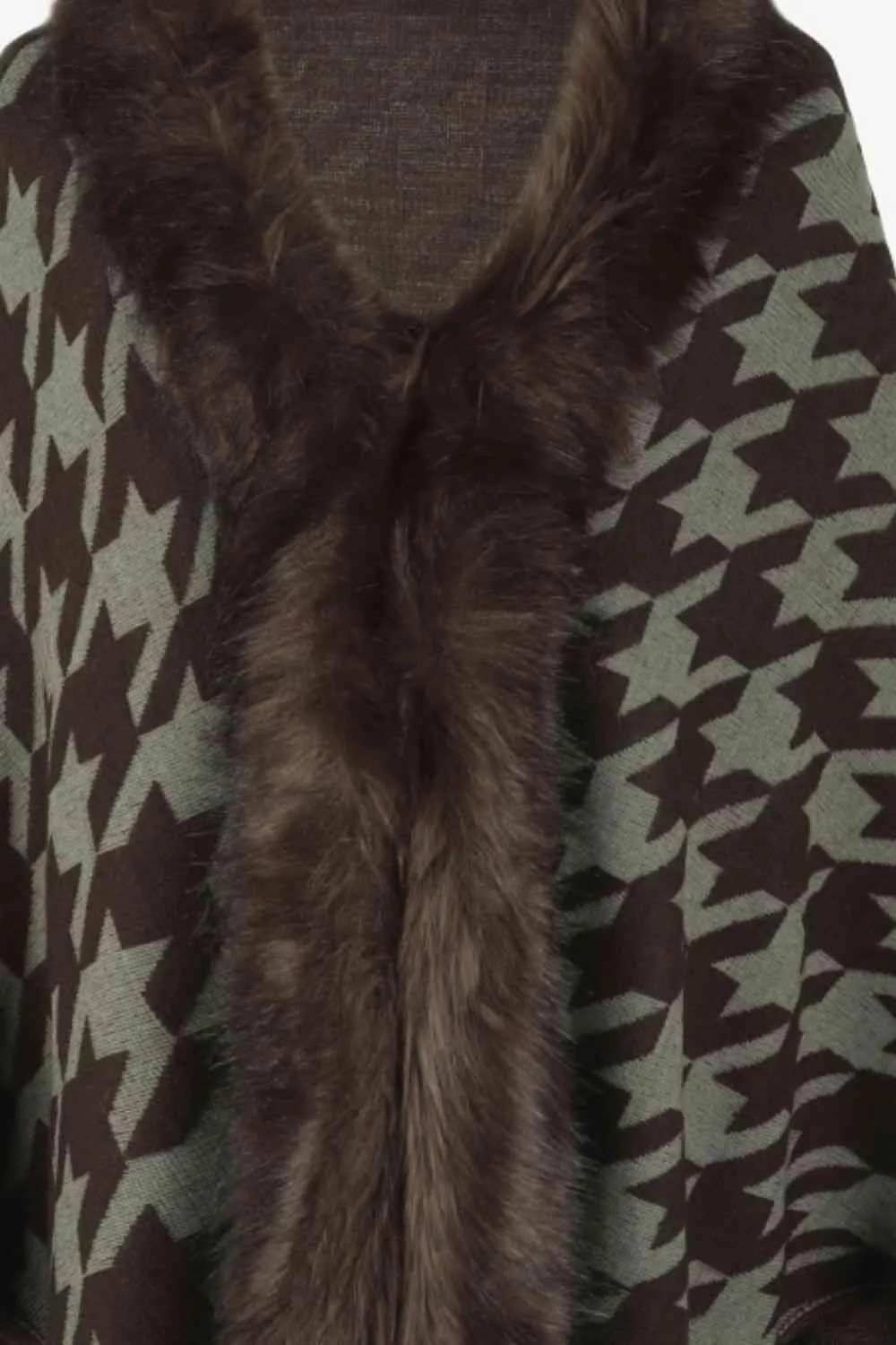 Faux Fur Trim Fringe Houndstooth Poncho