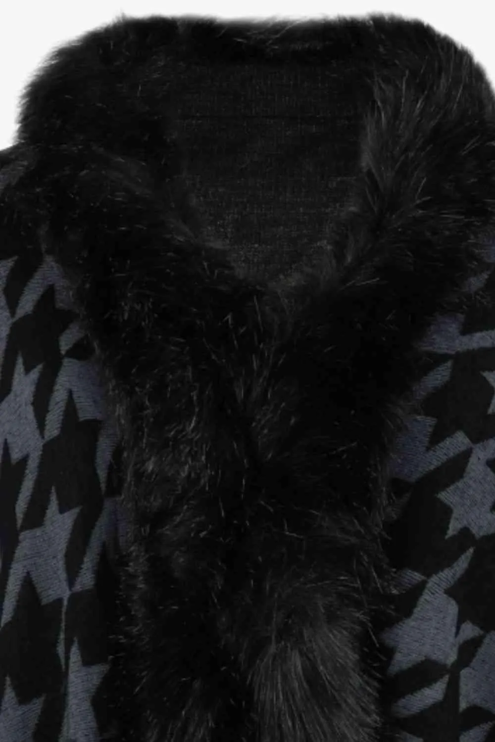 Faux Fur Trim Fringe Houndstooth Poncho