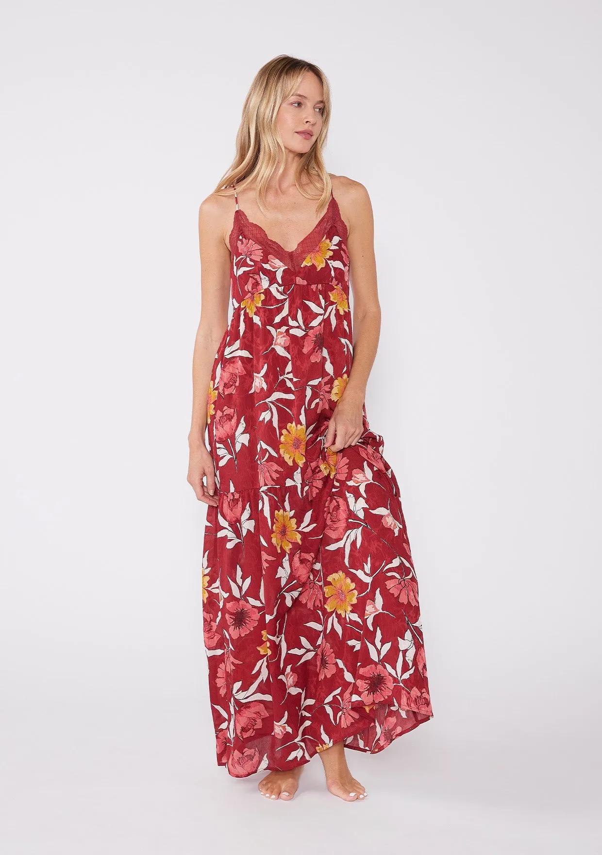 Floral Print Sleeveless Tiered Maxi Slip Dress