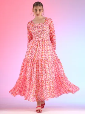 Fuchsia Fantasy Bishop Sleeve Georgette Maxi Dress