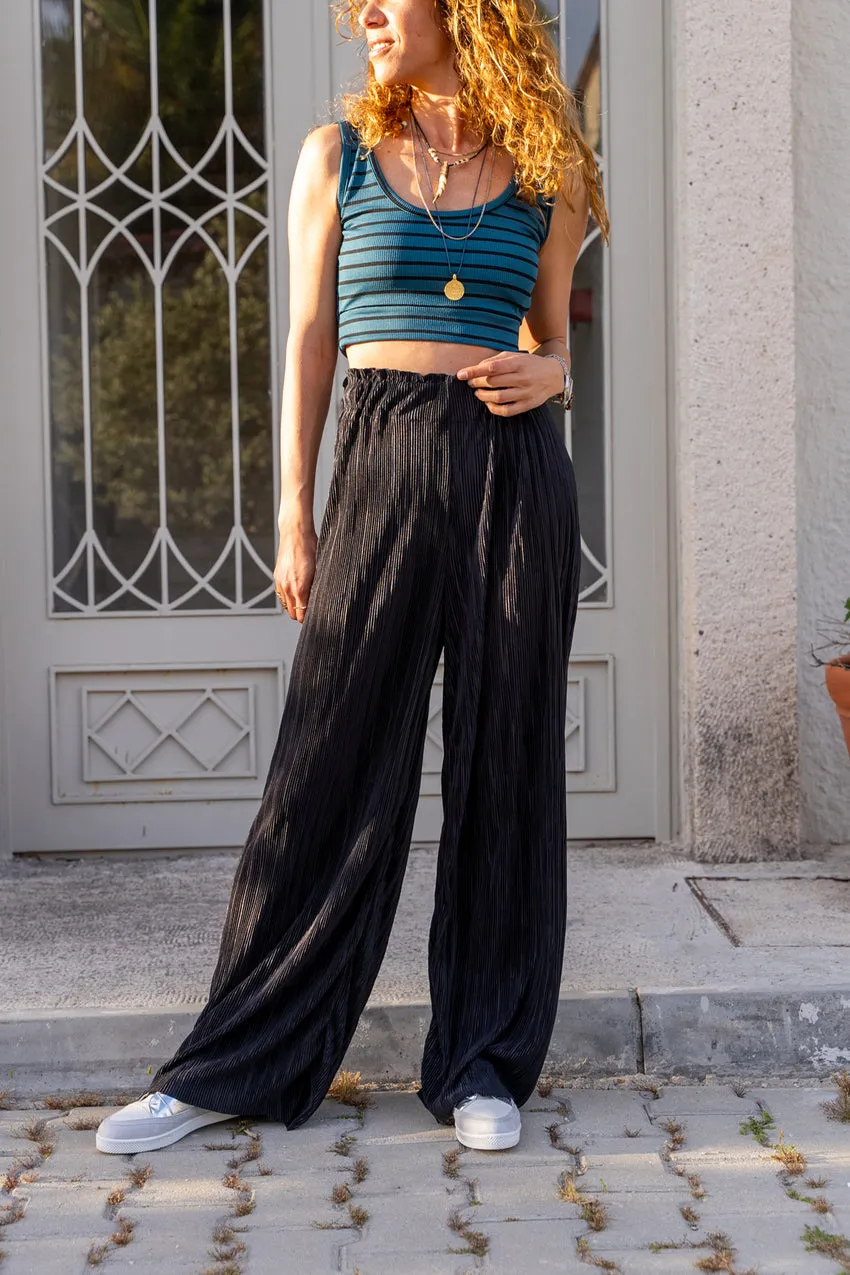 GNS Women's Black Elastic Waist Textured Loose Fit Wide Leg Pants BST700-3578 - Ciudad de Melilla