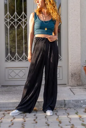 GNS Women's Black Elastic Waist Textured Loose Fit Wide Leg Pants BST700-3578 - Ciudad de Melilla