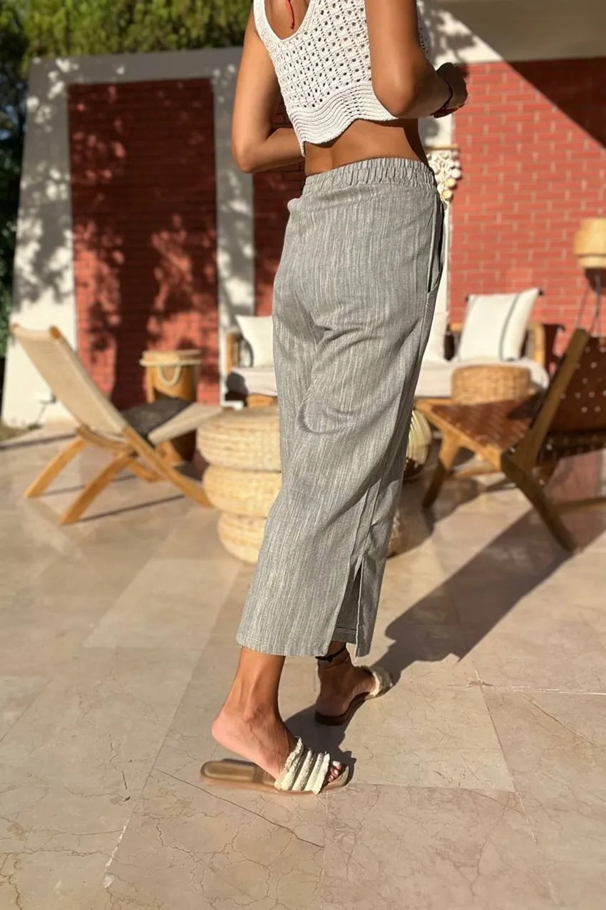 GNS Women's Black Linen Elastic Waist Pocketed Slit Loose Capri Pants Bst3404 - Falkensee